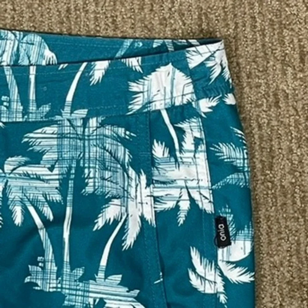 Onia Swim Shorts Mens 36 Teal White Palm Tree Tropical Beach Vacation 8 Inseam